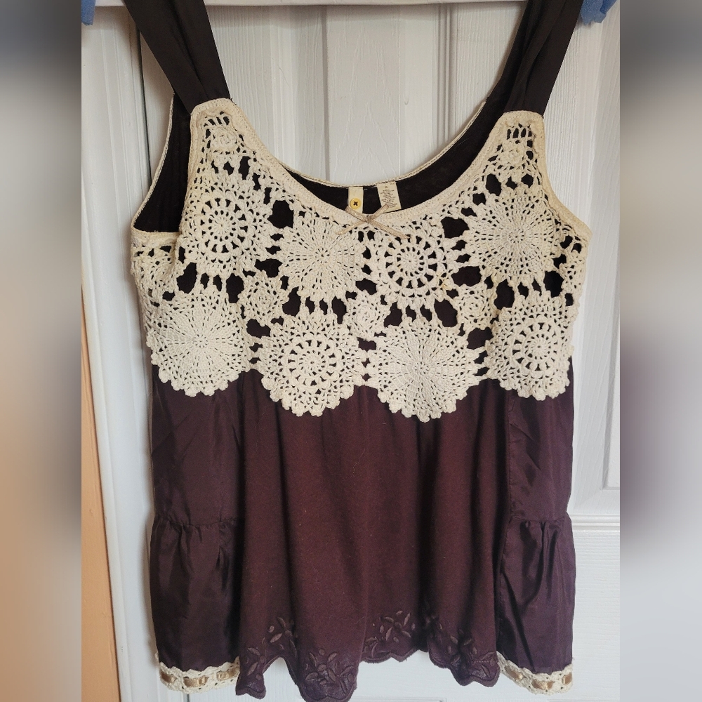 Anthro Little Yellow Button Silk Crochet Detail Babydoll Tank in Brown - S
